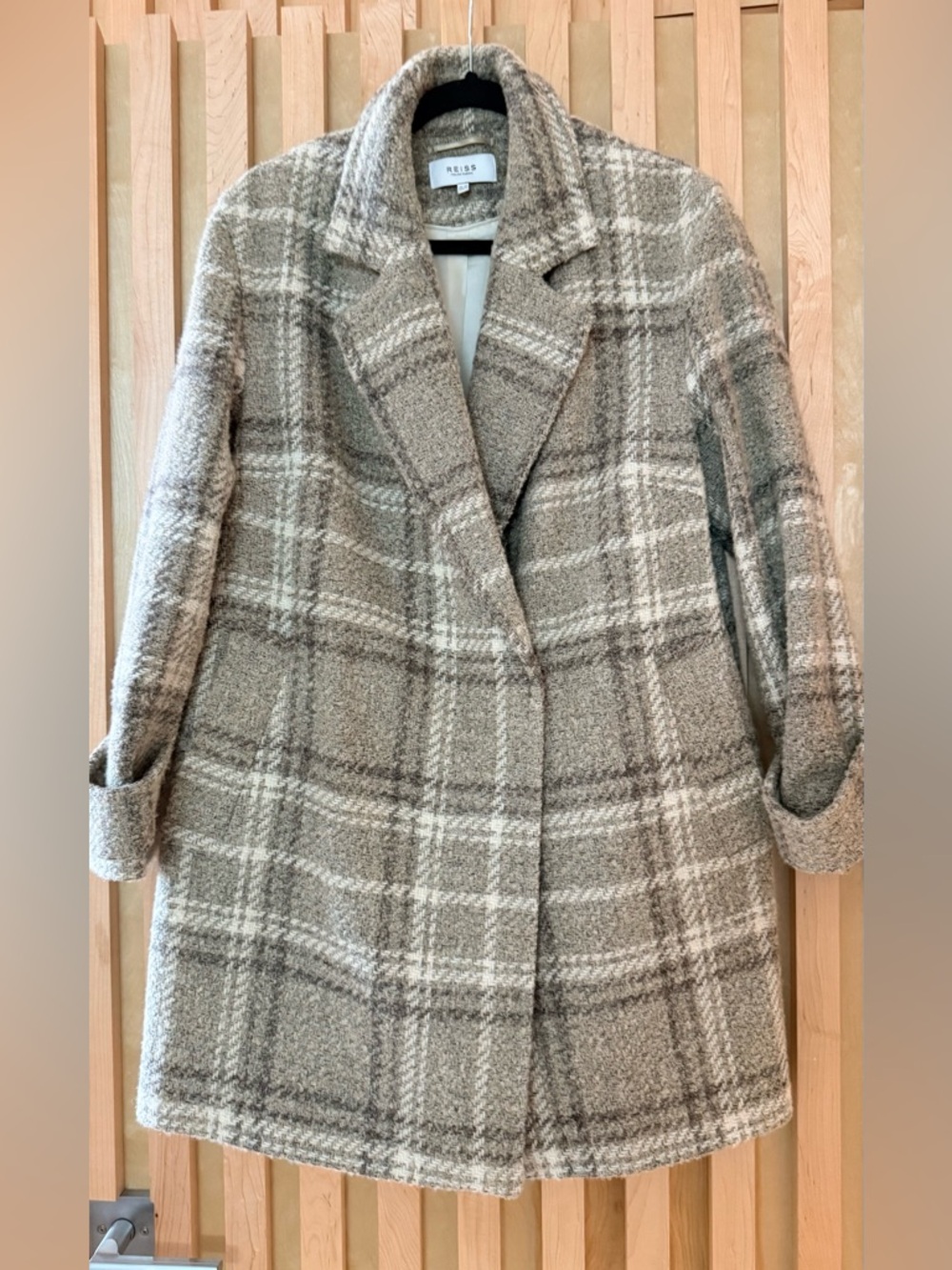 Reiss Taupe and Cream Plaid Wool-Blend Pea Coat